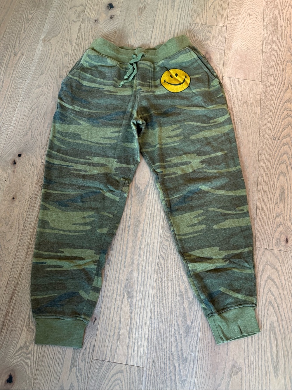 Aviator Nation Green Camo Jogger Pants with Yellow Smiley Patch